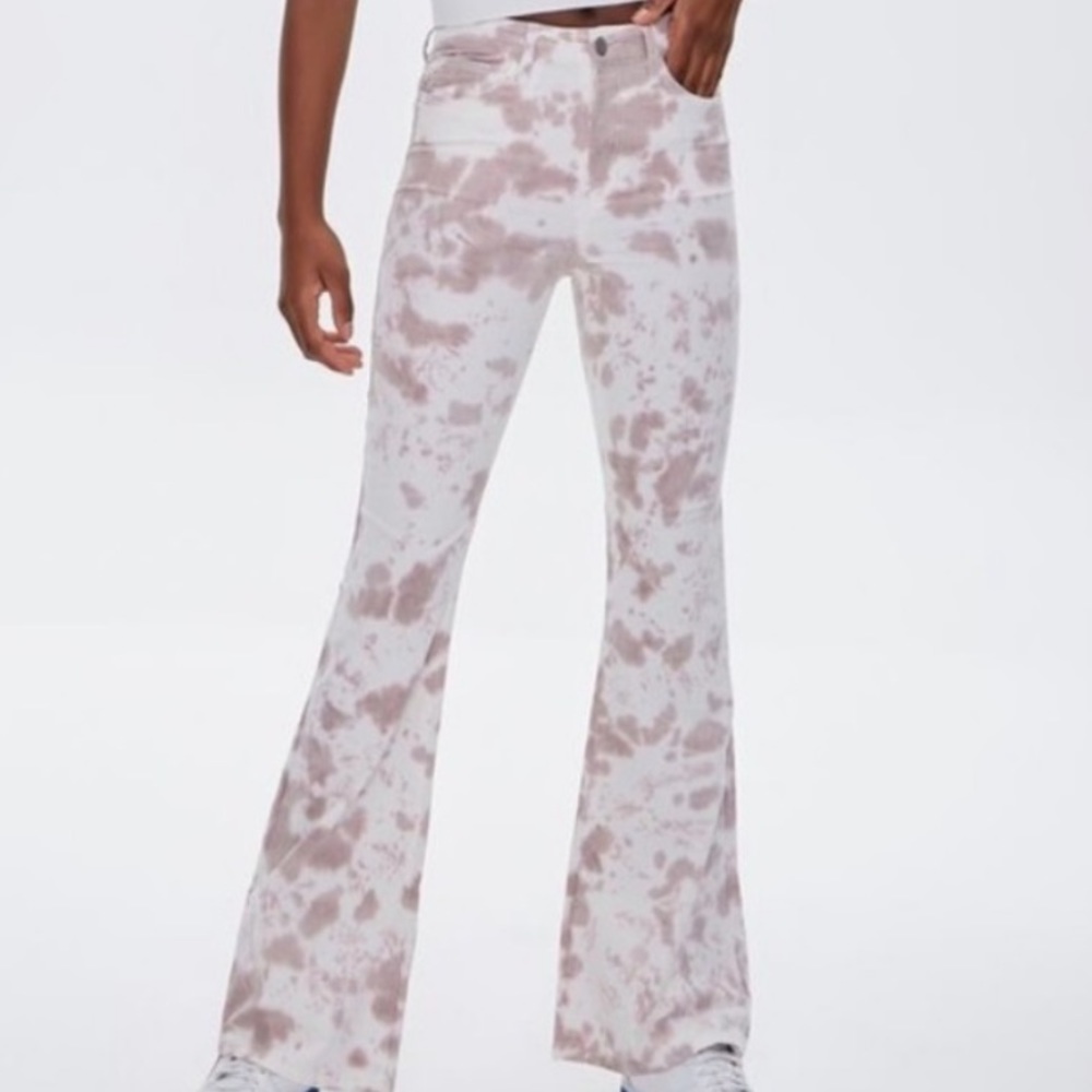 Forever 21 Tie Dye Flare Pants- pink & off white. Only worn once. Size L.